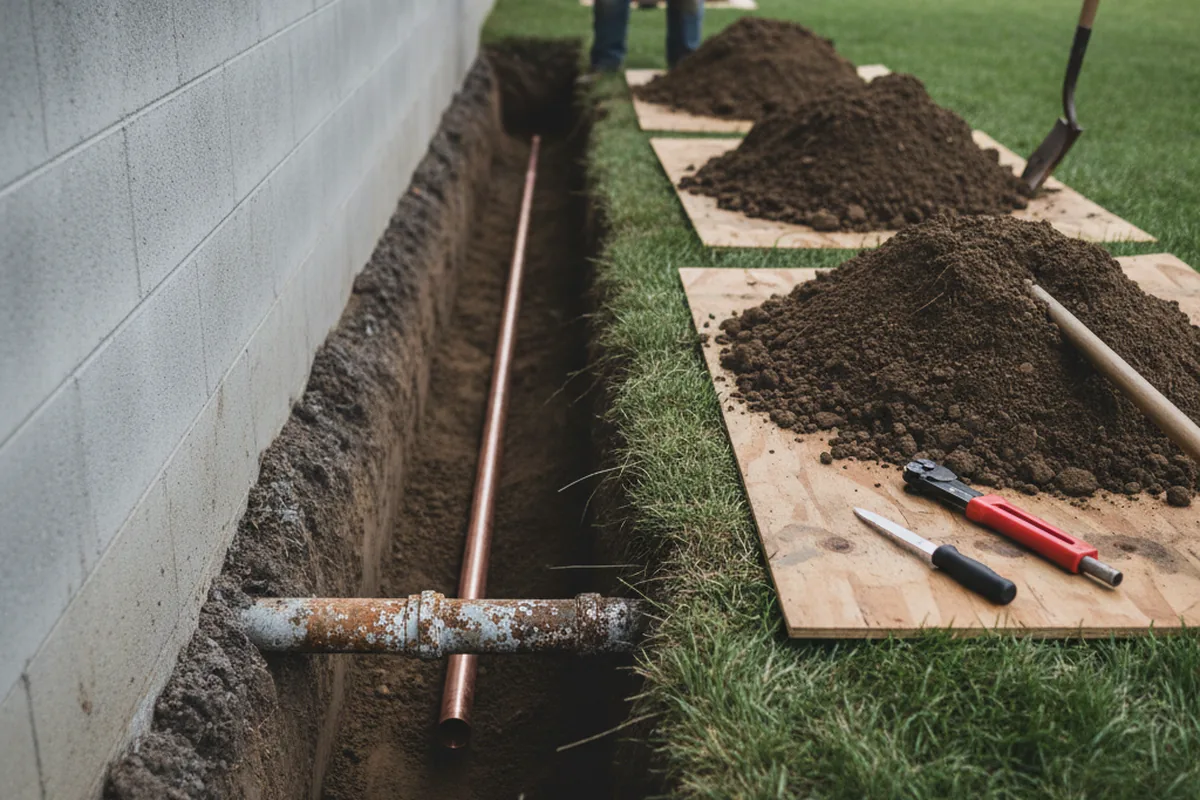 Excavated water line trench during Sewer Line Repair in Manteca